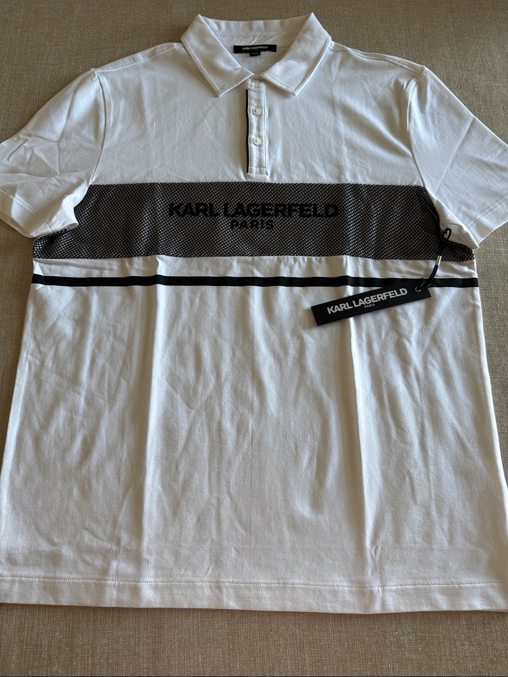 Karl Lagerfeld-Men’s L/White Polo with Black fishnet Band over logo/NWT
